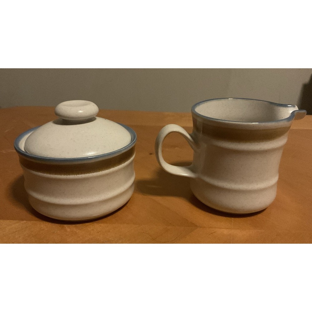 Mikasa Blue Hill Craft Stone J5001 Creamer & Sugar Bowl W/Lid Blue Brown